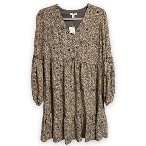 Est 1946 Floral Long Sleeve Boho Tunic Babydoll Dress Small Gray Yellow Cottage